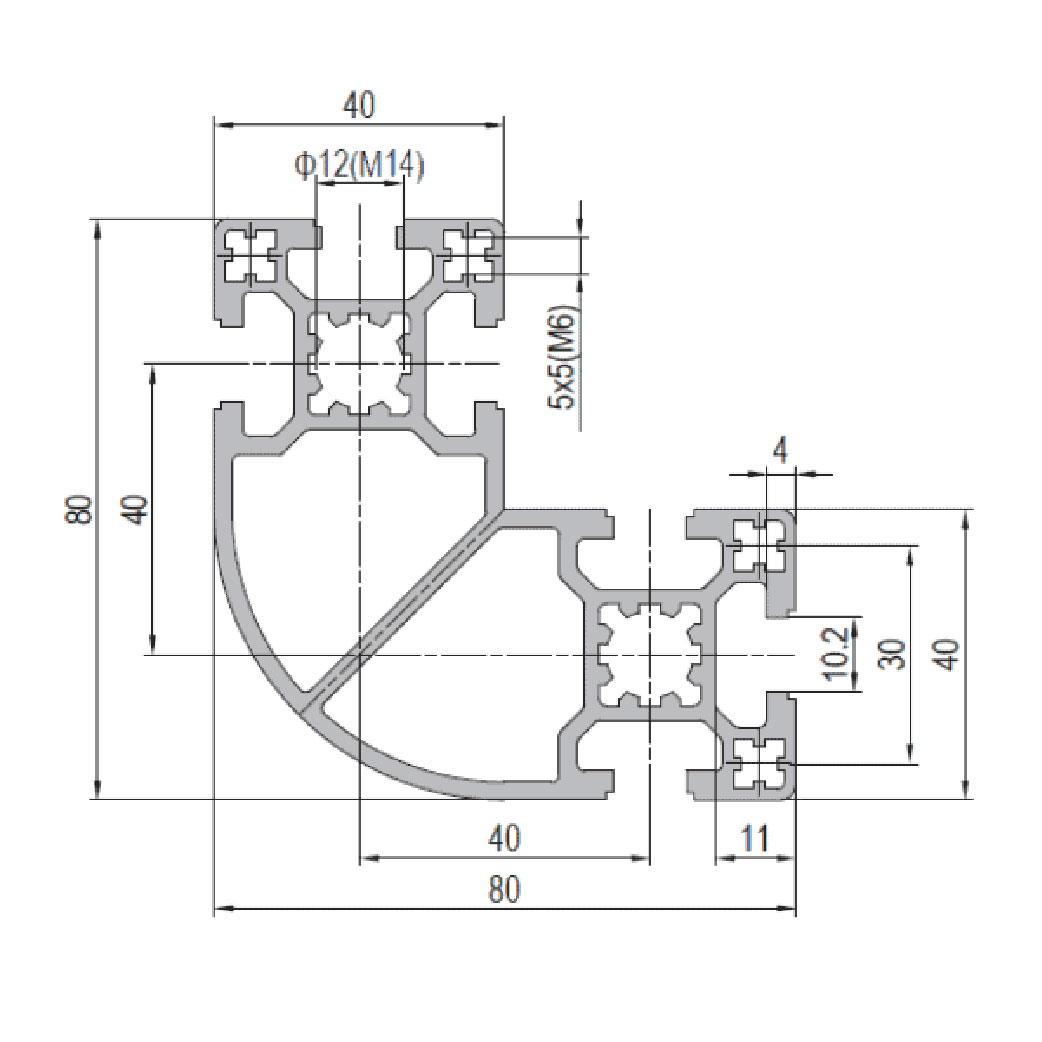 Aluminium Profile PG40 80x80 R90 - 6 Slots