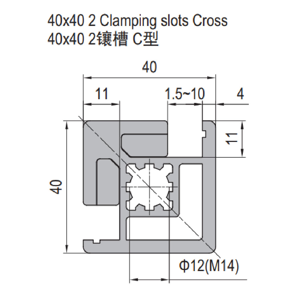 Clamping Profile PG40 40x40 - 2 Clamping Slots Cross