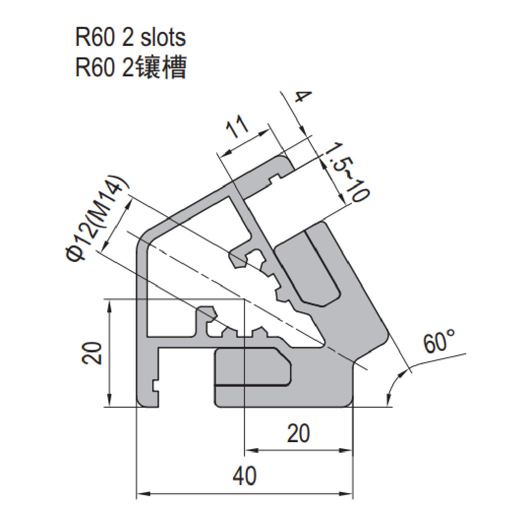 Clamping Profile PG40 R60 - 2 Clamping Slots