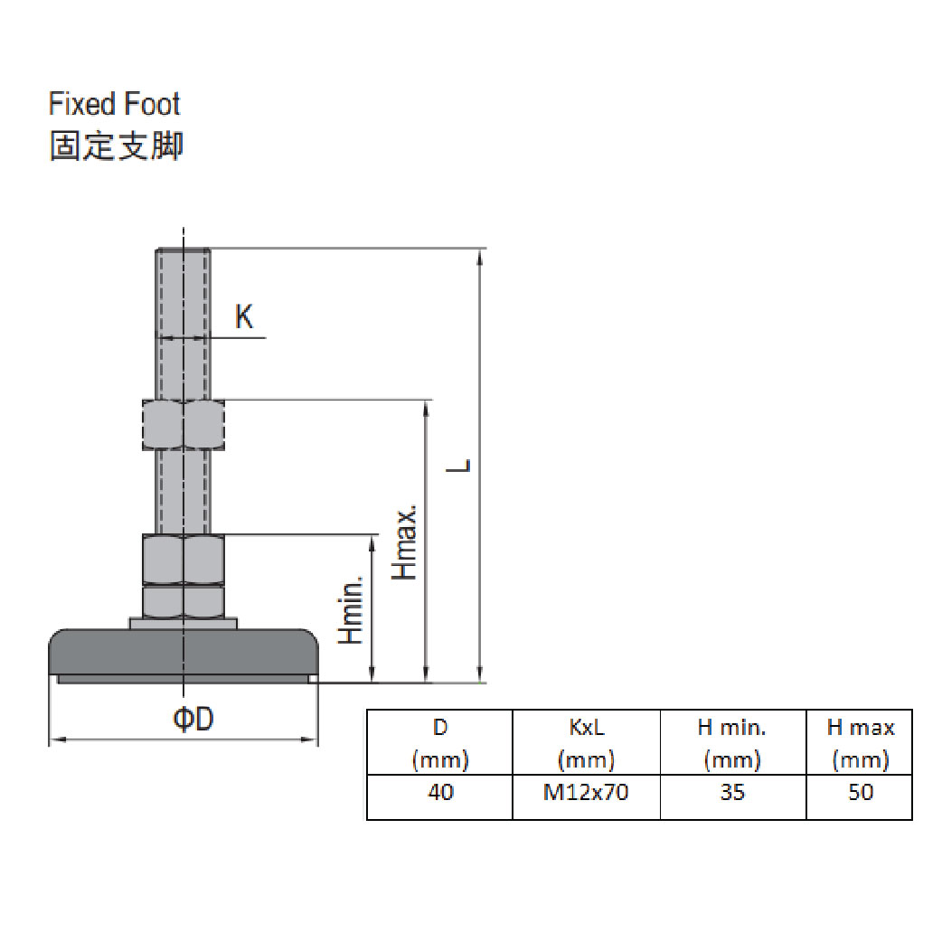 Fixed Foot - Steel Base 40 M12x70
