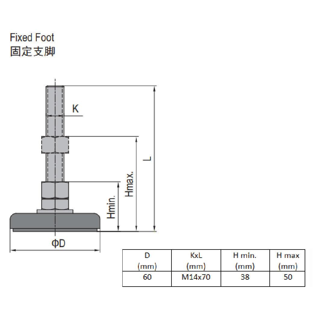 Fixed Foot - Steel Base 60 M14x70