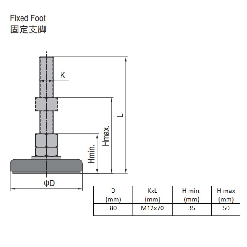 Fixed Foot - Steel Base 80 M12x70