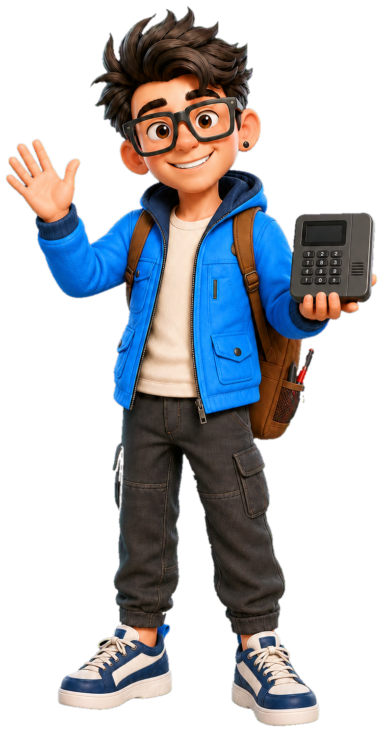 Dexter waving, holding an alarm keypad